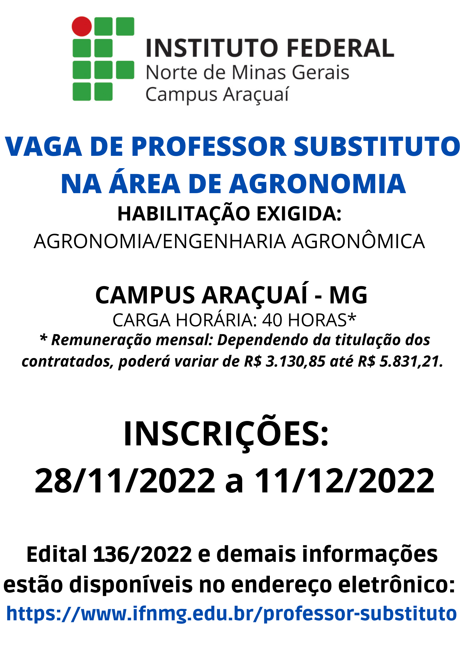 VAGA DE PROFESSOR SUBSTITUTO NA AREA DE AGRONOMIA