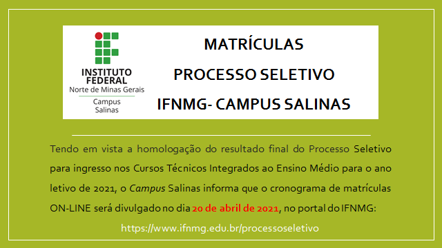 Matriculas on line Processo Seletivo IFNMG Campus Salinas